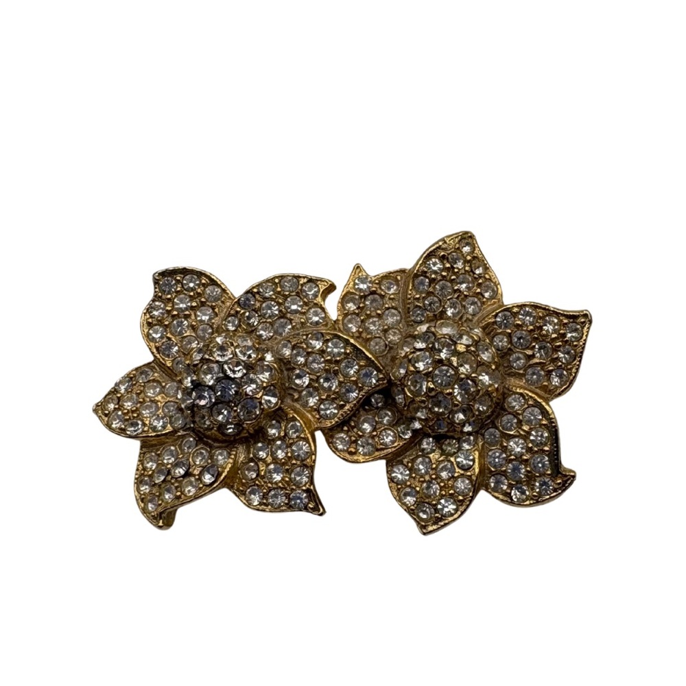 Vintage Gold-Tone Double Flower Brooch with Rhinestones